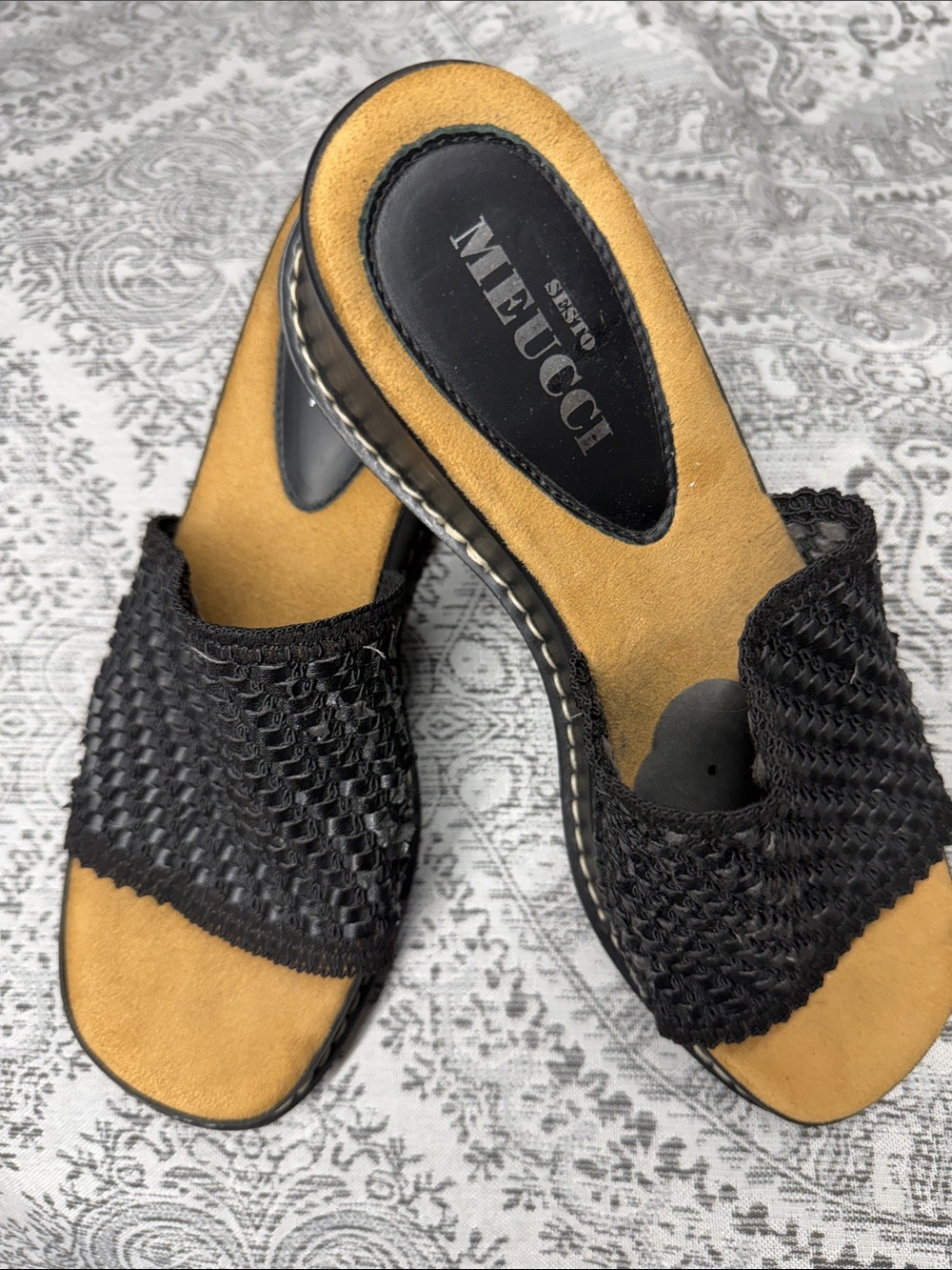 Sesto Meucci Black Woven Slide Mules with Tan Footbed